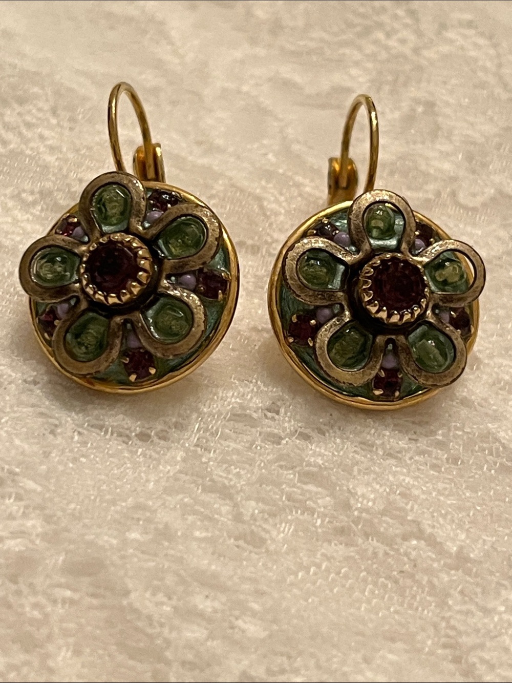 Michal Golan Gold Floral Drop Earrings with Green Accents and Red Centers